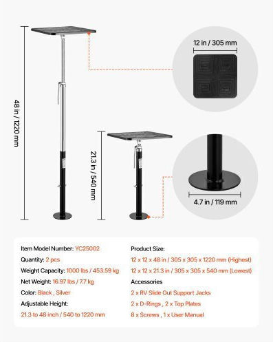 Sliding Support Jack Vevor RV 2 Pieces Sliding Leveling Jack Caravan Support Jacks Steel Electrostatic Paint Caravan Travel Trailer Supports Up To 453.59 Kg Adjustable 541.02 To 48 1219.2 mm