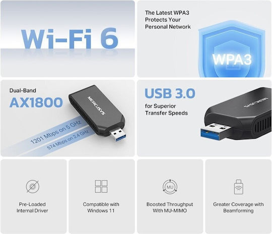 Mercusys Wireless Adapter Mercusys Ma70xm Ax1800 Dual-band Wi-fi 6 Usb 3.0