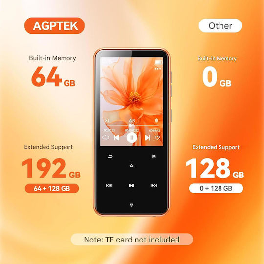 Agptek 64 Gb Mp3 Player Bluetooth 5.3 Ecran de 2.4 Inch Set Căști Cablu Usb Type C Suportă Card Până la 128gb Difuzor Radio Fm E-book Alarmă Portocaliu
