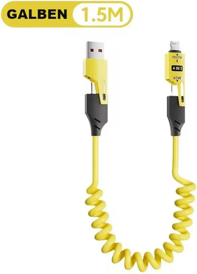 4 In 1 Data Cable Fast Charging Usb Lightning Type-c Flexible Compact 1.5m Yellow Abyz