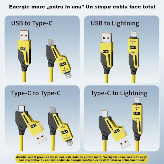 4 In 1 Data Cable Fast Charging Usb Lightning Type-c Flexible Compact 1.5m Yellow Abyz