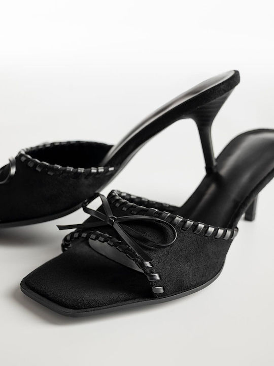 Suede Mules with Thin High Heel in Black Color