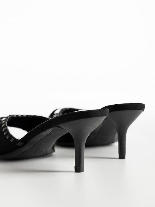Suede Mules with Thin High Heel in Black Color