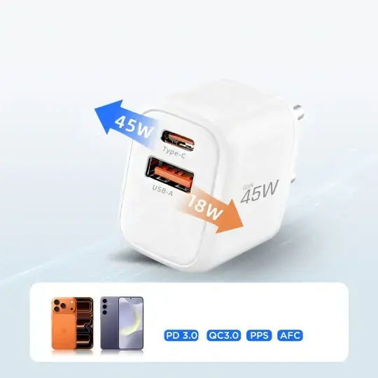 Tech-Protect Φορτιστής GaN με Θύρα USB-A και Θύρα USB-C και Καλώδιο USB-C - USB-C 45W Power Delivery / Quick Charge 3.0 Λευκός (NCA45W)
