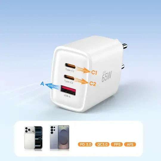 Tech-Protect Charger Without Cable GaN with USB-A Port and 2 USB-C Ports 65W Power Delivery / Quick Charge 3.0 Whites (NCA65W)