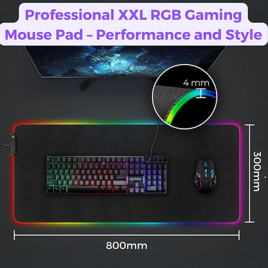 Luvlu Mouse Pad Gaming Profesional XXL Iluminare RGB 11 Moduri de Lumină LED 800x300x4mm Suprafață Moale Rezistentă la Stropire Bază din Cauciuc Antiderapantă Margini Cusute Cablu USB Inclus Negru