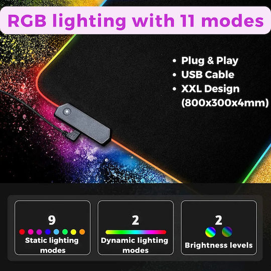 Luvlu Mouse Pad Gaming Profesional XXL Iluminare RGB 11 Moduri de Lumină LED 800x300x4mm Suprafață Moale Rezistentă la Stropire Bază din Cauciuc Antiderapantă Margini Cusute Cablu USB Inclus Negru