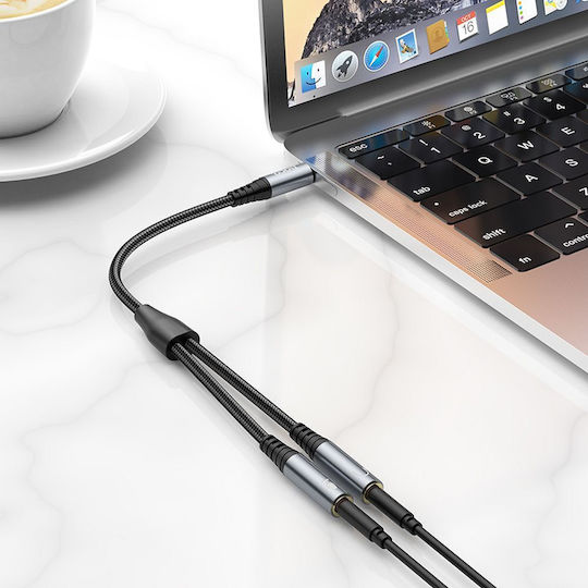Hoco Hoco Audio Cable TRRS 3.5mm Male - 2x 3.5mm Female Gray Length 0.25m