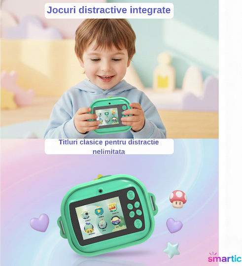 Smartic Cameră Pentru Copii Hd 1080p Rezoluție Baterie 1100mah Ecran 2.4 Inch Card Memorie 32 Gb Funcție Imprimare Instant 4 Jocuri 4 Role Imprimare Mp3 Mod Selfie 6 Markere