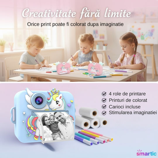 Smartic Cameră Pentru Copii HD 1080p Rezoluție Baterie 1100mAh Ecran 2.4 Inch Card Memorie 32 Gb Funcție Imprimare Instantanee 4 Jocuri 4 Role de Imprimare Mp3 Mod Selfie 6 Markere