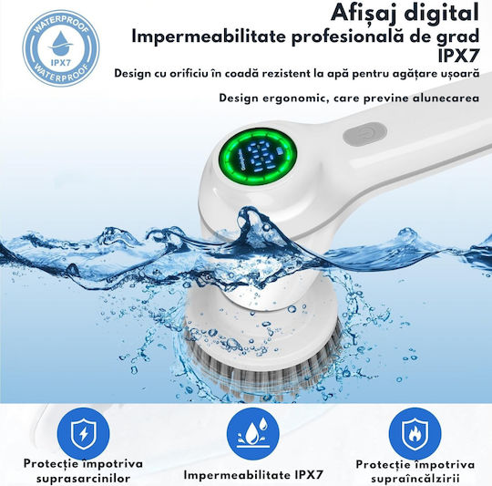Perie Electrică Rotativă Curățare Eficientă Fără Efort Inco Multifuncțională Fără Fir Mâner Fix Afișaj Digital Lcd 7 Capete Diferite Suprafețe Variate 2 Viteze Reglabile Usb Tip-c Baterie Reîncărcabilă 2500mah Viteză 450 Rpm Albă