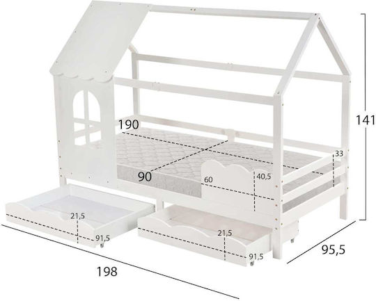 Kids Bed Single with Mattress and Storage Space White 90x190cm