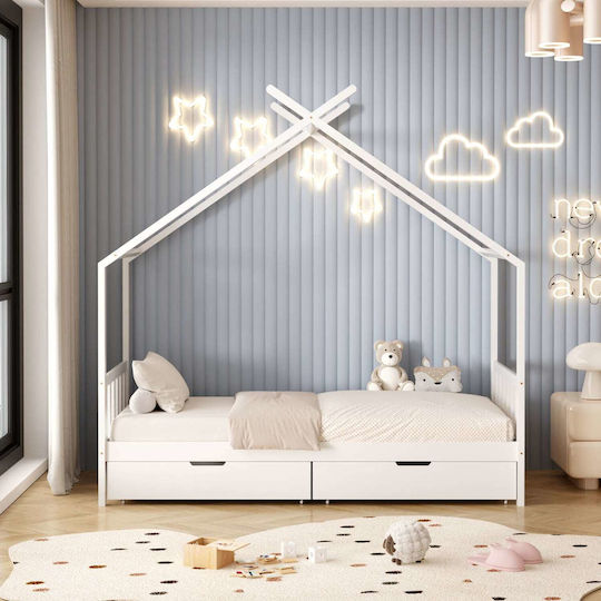 Pat Pentru Copii Clasic Single Cu Saltea Și Spațiu De Stocare Alb 90x190cm