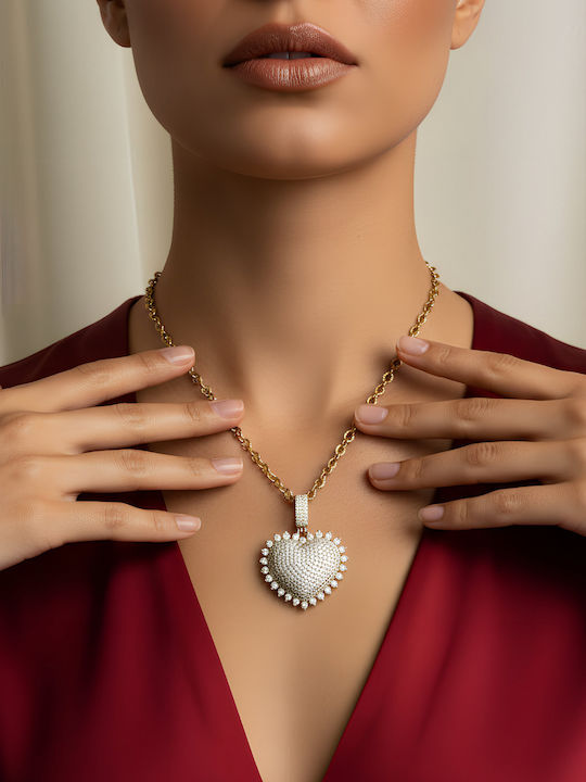Chrysothemiss Γυναικείο Κολιέ Luna Heart Καρδιά Λευκές Πέτρες Ζιργκόν