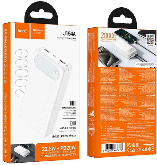 Hoco J154A Victorious Външна Батерия 20000mAh 22.5W с 2 USB-A Изходни Порта и USB-C Изходен Порт Power Delivery Бяла