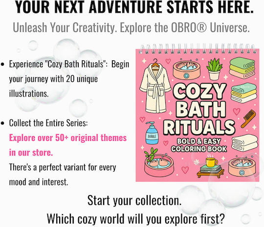 Obro Thick Page Coloring Book – Cozy Bath Rituals Whimsical Coco Wyo Style Stress Relief Adults