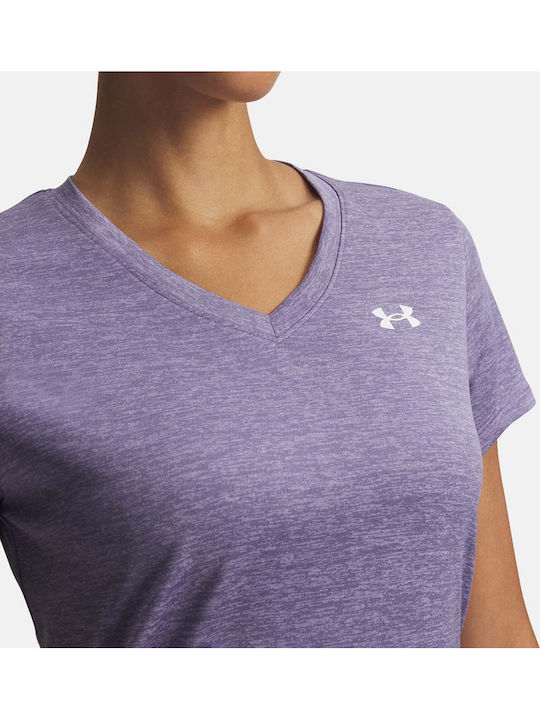 Twist Women's Athletic Blouse Short Sleeve Fast Drying with V Neckline & Sheerness Purple