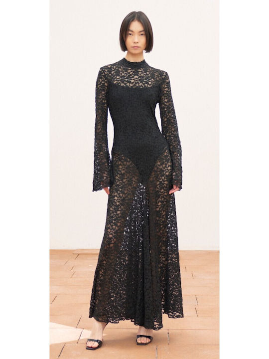 Maxi Evening Dress with Lace and Mesh Nero