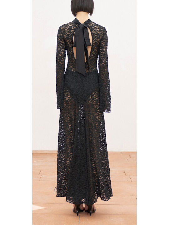 Maxi Evening Dress with Lace and Mesh Nero
