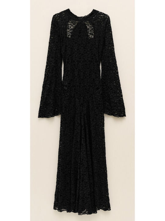 Maxi Evening Dress with Lace and Mesh Nero