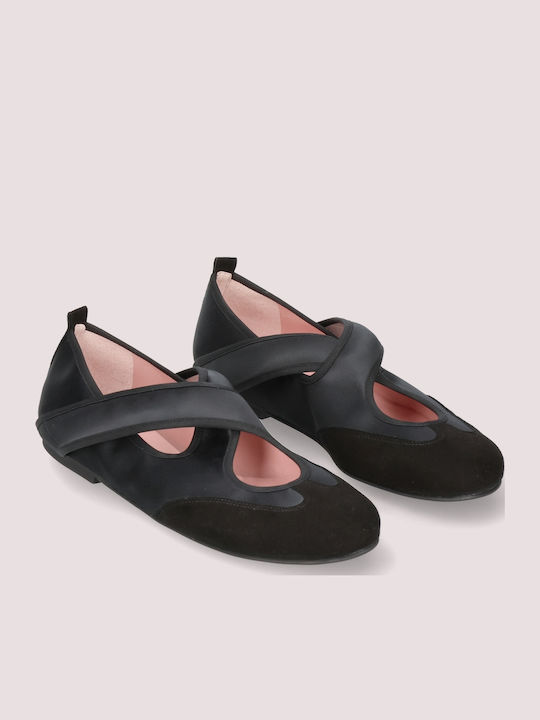 Rosario Leather Women's Ballerina Shoes with Strap in Black Color