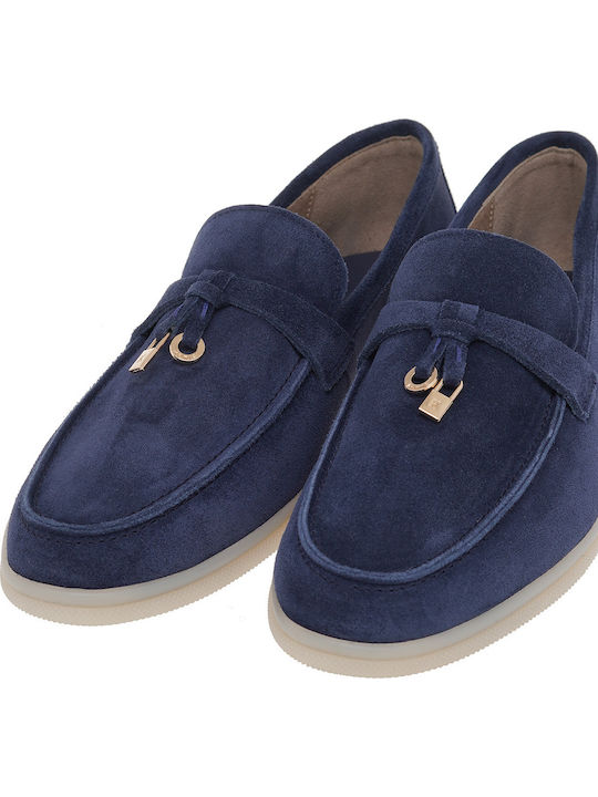 Leather Women's Loafers in Navy Blue Color