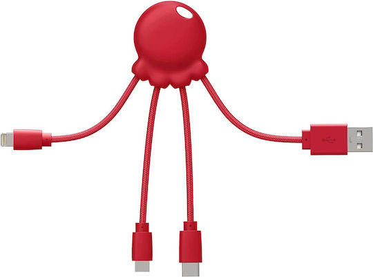 Xoopar Cablu Four-in-one Usb-a Micro-usb Usb-c Lightning Design Octopus Roșu