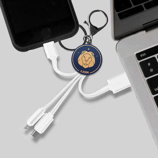 Yello Koko Cable Usb 3 In 1 Micro-usb Usb-c Lightning Design Astrology Leo Keyring White