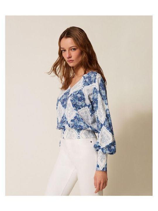 Pulover Damă Bumbac Floral Albastru