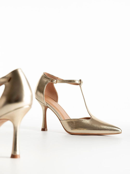 Synthetic Leather Pointed Toe Stiletto Gold High Heels with Strap