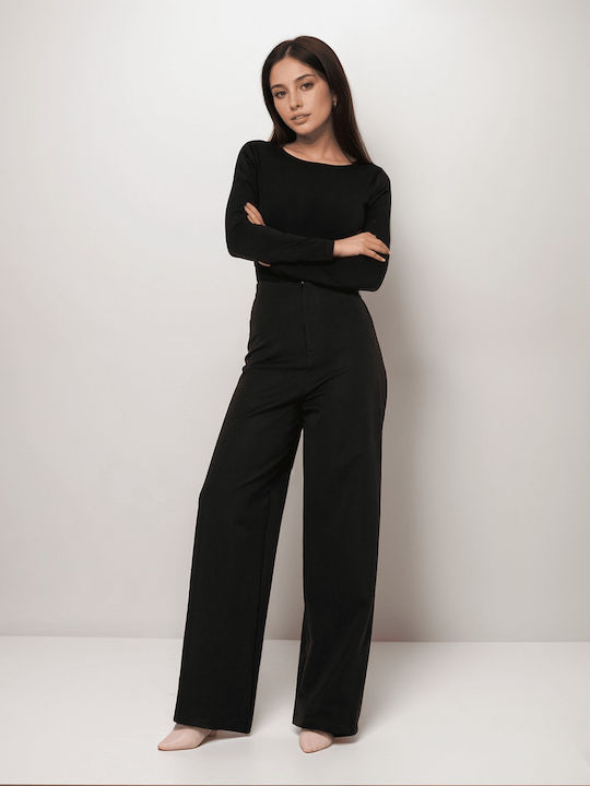 Damen Hoch tailliert Stoff Hose in Geradem Schnitt Black