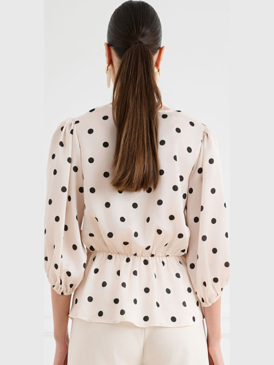 Women's Crop Top Satin with 3/4 Sleeve & V Neckline Polka Dot Ecru