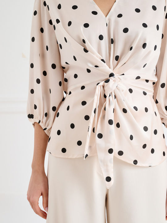Women's Crop Top Satin with 3/4 Sleeve & V Neckline Polka Dot Ecru