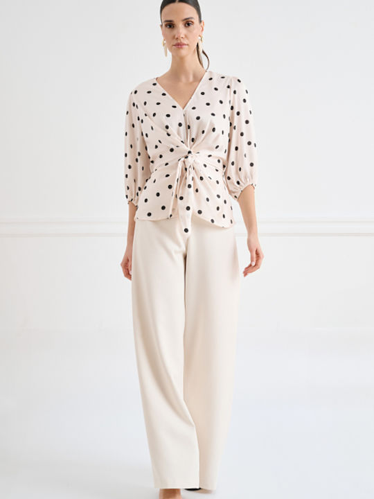 Women's Crop Top Satin with 3/4 Sleeve & V Neckline Polka Dot Ecru