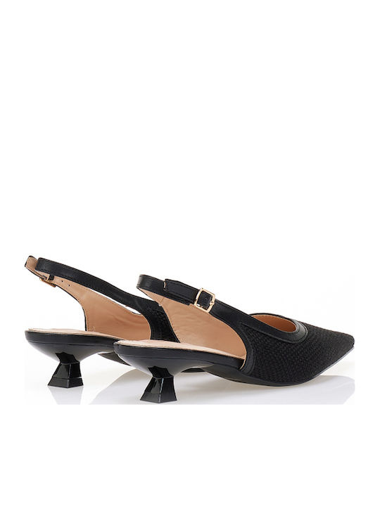 Leder Pumps mit Riemchen & flacher Absatz Schwarz