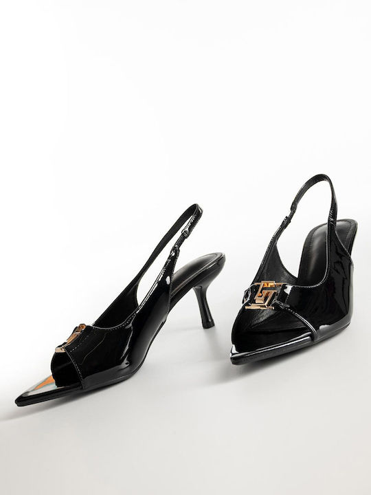 Peep Toe Γόβες από Λουστρίνι με Λεπτό Μεσαίο Τακούνι Μαύρες