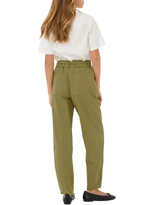 Damen Hoch tailliert Stoff Hose mit Gummizug Olive