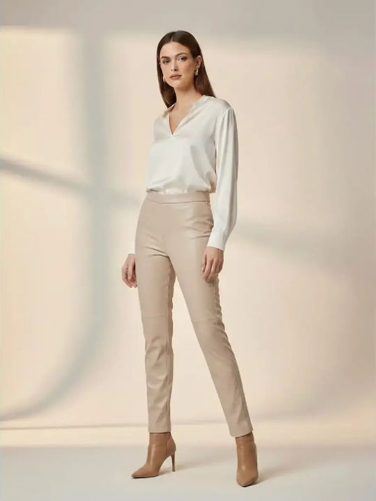 Women's High-waisted Fabric Trousers Loose Fit Beige