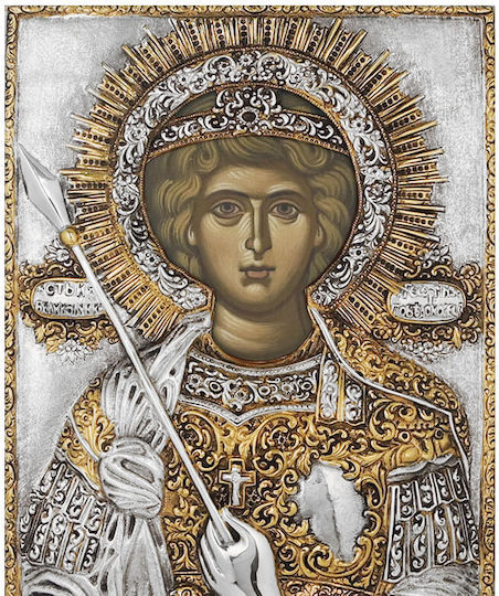 St. Georg Russische Silberne Heiligenikone Mit Goldüberzug 36x22cm