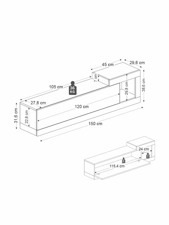 TV Stand Volare Made of Metal & Wood White Marble Effect - Sapphire Oak L150xD29.6xH38.6cm