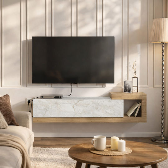 Телевизионно Мебелче Volare от Метал и Дърво Бял Мраморен Ефект - Sapphire Oak Д150xД29.6xВ38.6см
