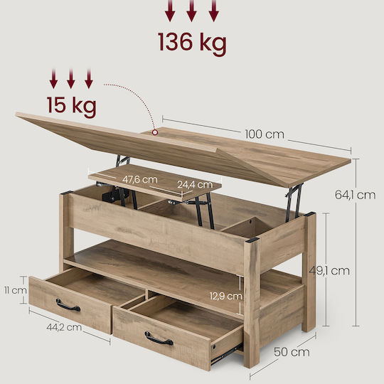 Rectangular Central Wooden Coffee Table with Lifting Mechanism and Drawers Beige M100xW50xH49.1cm