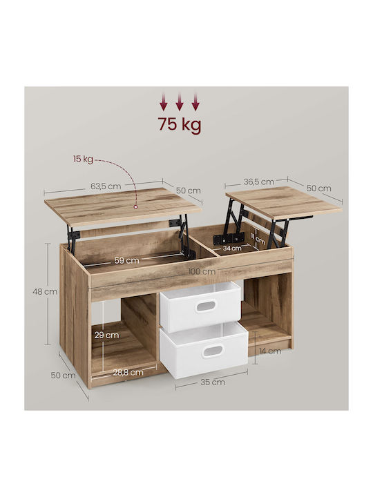 Rectangular Central Wooden Coffee Table with Lifting Mechanism and Beige Drawers W100xD50xH48.5cm