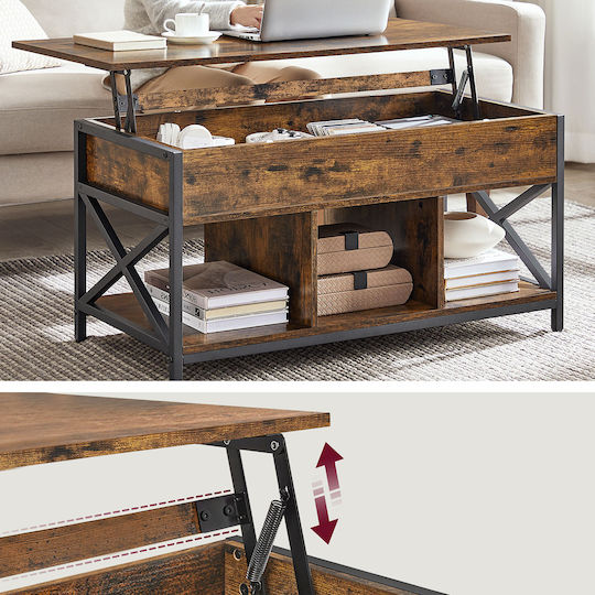 Rectangular Central Wooden Coffee Table with Lifting Mechanism Rustic Brown Black W100xD50xH49cm