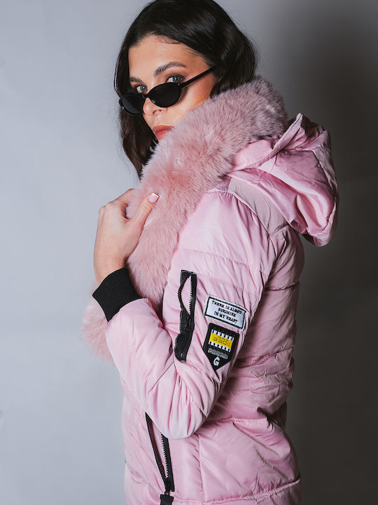 Women's Long Puffer Jacket Waterproof for Winter with Hood Pink