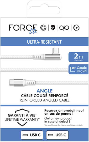 Force Power Usb-c To Usb-c 60w 3a Angled Reinforced Charge Sync Cable 2m White