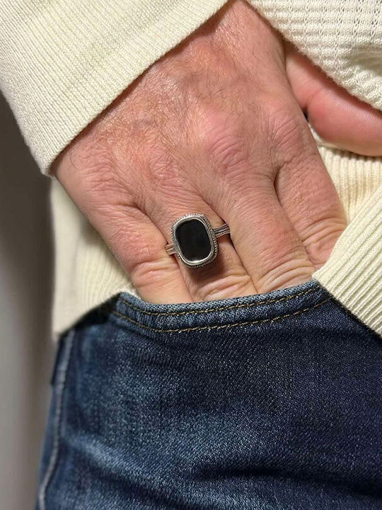 Men's Handmade Silver Ring Black Patina & Natural Black Onyx
