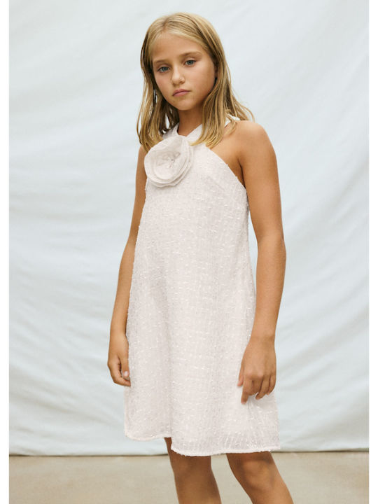 Mädchenkleid Ärmellos Blumen Beige Offen