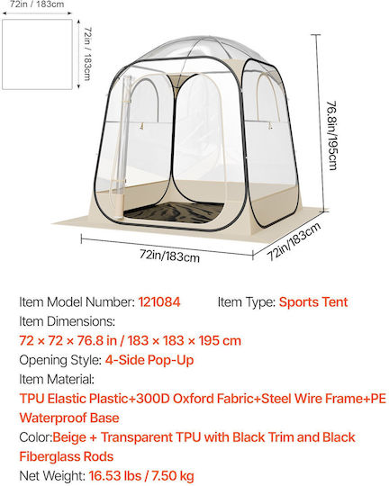 Vevor Winter Fishing Camping Tents Pop Up Transparent 183x183x195cm