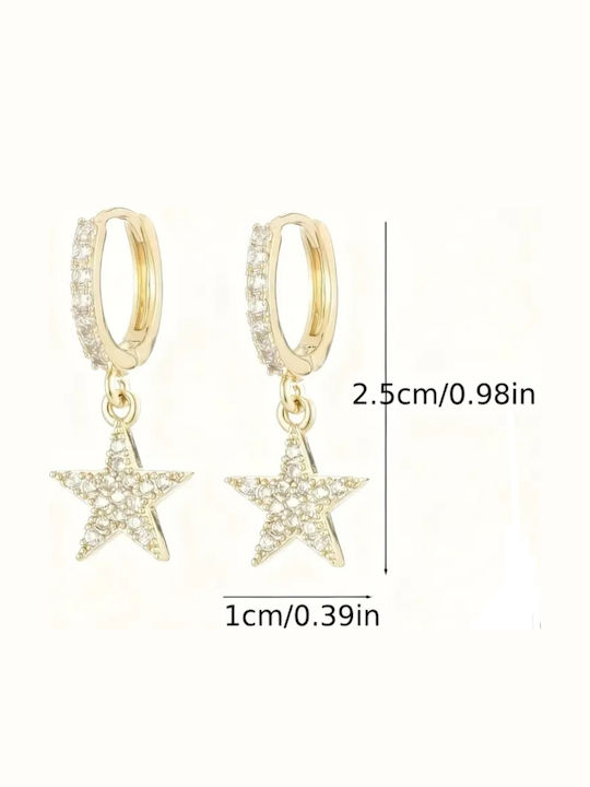 Gold Hanging Hoop Earrings Stars & Rhinestones